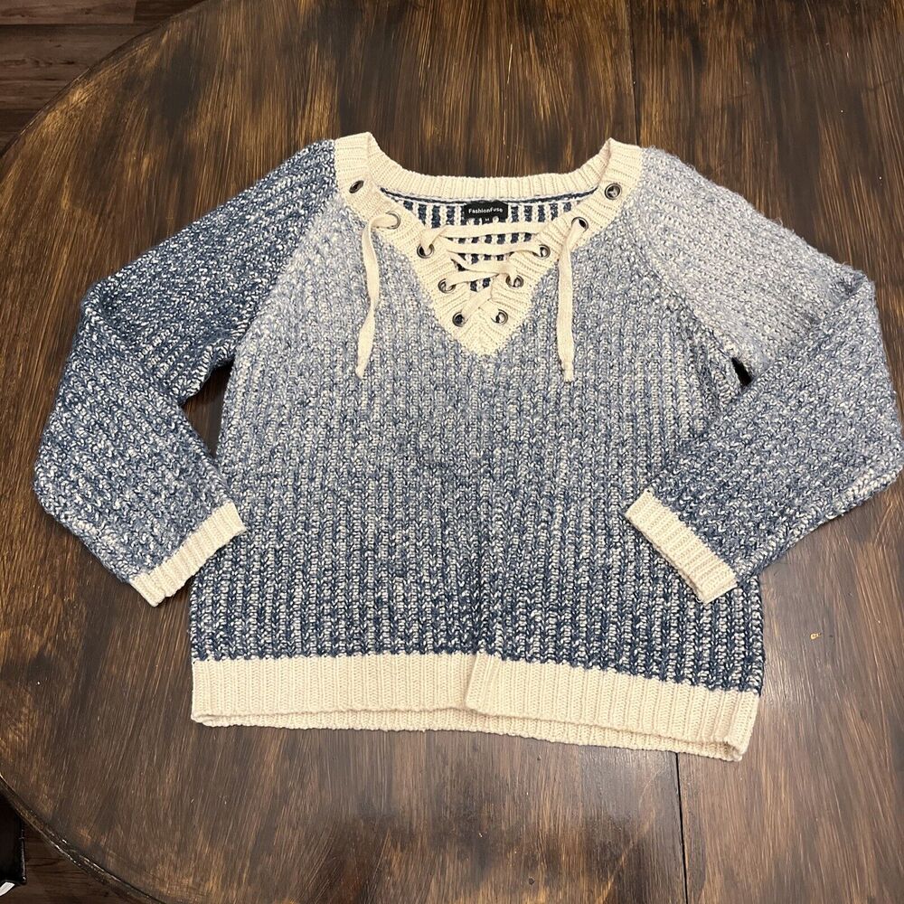 Fashion Fuse Women's Pullover Sweater Lace-Up Front Blue Size M